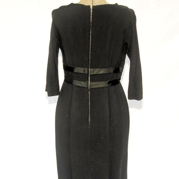 Vintage 50's 60's Black Crepe Cocktail Party Dress Ribbon Rosettes SM by Pavelle - Picture 7 of 10